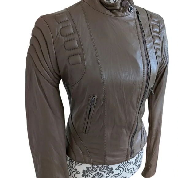 BCBGMaxazria Leather Jacket Tart Taupe Light Brown Moto Crop Women's Extra Small - Picture 5 of 13